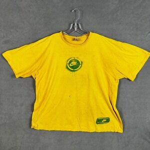 Nike Logo T-Shirt Adult 2XL Spray Paint Yellow Green 2000s Mens Stain‎ Hole*